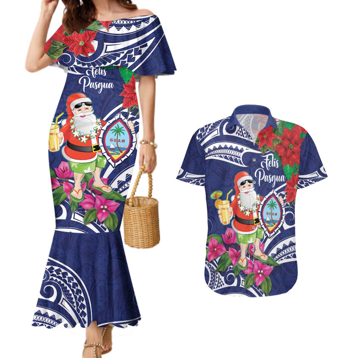 Guam Christmas Couples Matching Mermaid Dress and Hawaiian Shirt Poinsettia With Bougainvillea - Felis Pasgua! LT14 Blue - Polynesian Pride
