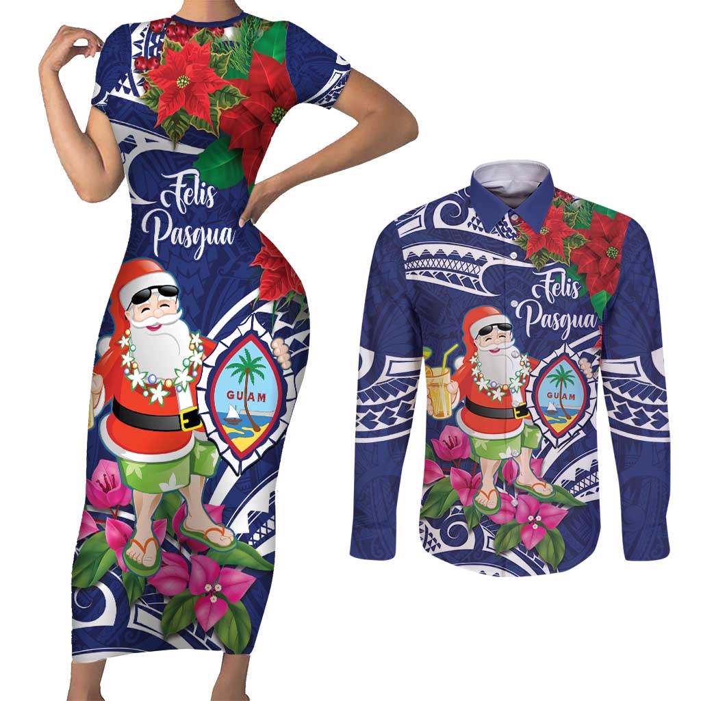 Guam Christmas Couples Matching Short Sleeve Bodycon Dress and Long Sleeve Button Shirt Poinsettia With Bougainvillea - Felis Pasgua!