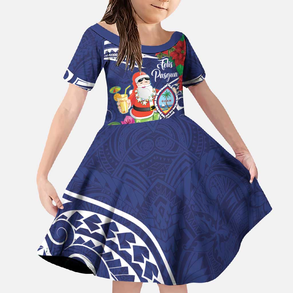 Guam Christmas Family Matching Long Sleeve Bodycon Dress and Hawaiian Shirt Poinsettia With Bougainvillea - Felis Pasgua! LT14 Daughter's Dress Blue - Polynesian Pride