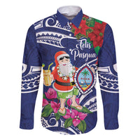 Guam Christmas Family Matching Long Sleeve Bodycon Dress and Hawaiian Shirt Poinsettia With Bougainvillea - Felis Pasgua! LT14 Dad's Shirt - Long Sleeve Blue - Polynesian Pride