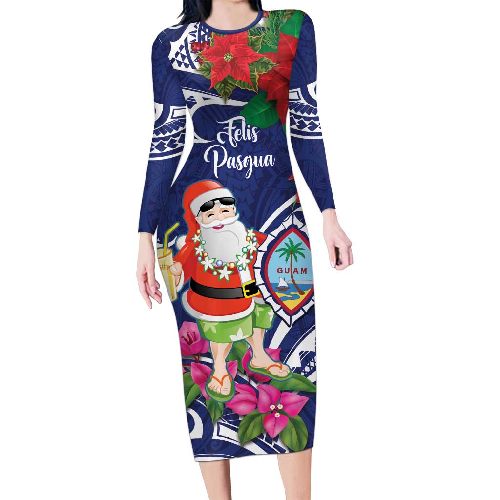 Guam Christmas Family Matching Long Sleeve Bodycon Dress and Hawaiian Shirt Poinsettia With Bougainvillea - Felis Pasgua! LT14 Mom's Dress Blue - Polynesian Pride