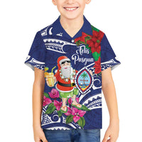 Guam Christmas Family Matching Long Sleeve Bodycon Dress and Hawaiian Shirt Poinsettia With Bougainvillea - Felis Pasgua! LT14 Son's Shirt Blue - Polynesian Pride