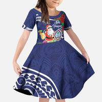 Guam Christmas Family Matching Puletasi and Hawaiian Shirt Poinsettia With Bougainvillea - Felis Pasgua! LT14 Daughter's Dress Blue - Polynesian Pride