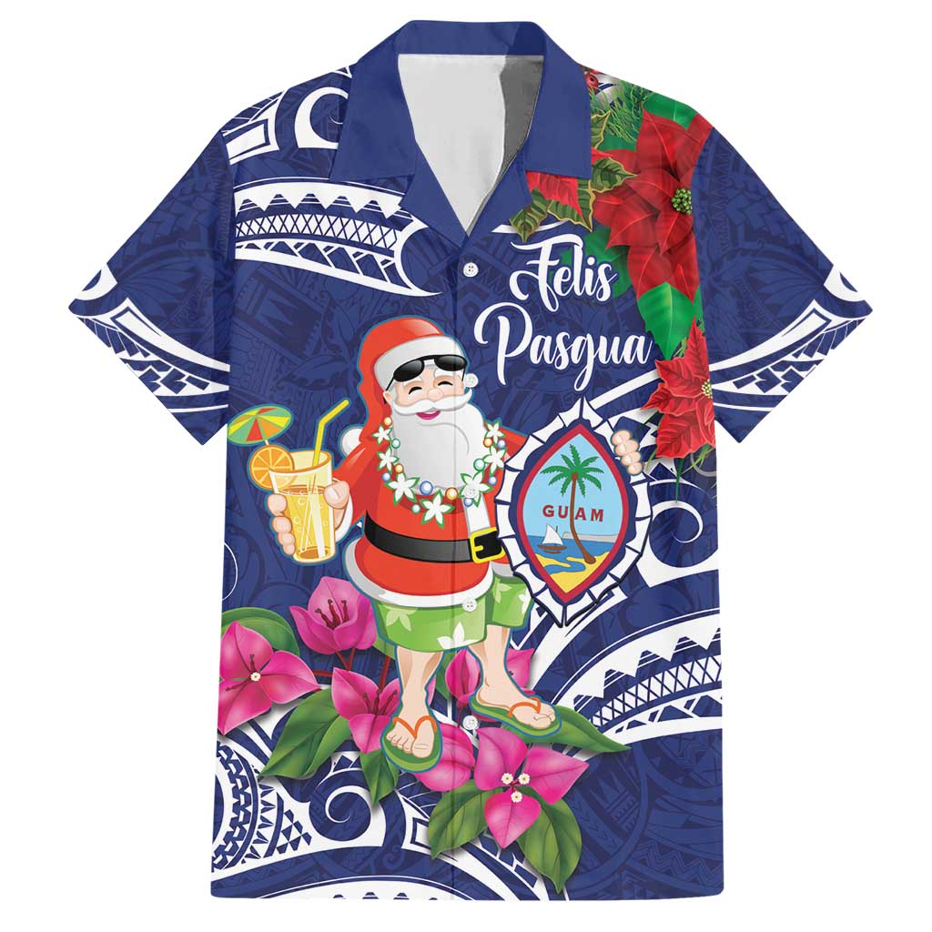Guam Christmas Family Matching Short Sleeve Bodycon Dress and Hawaiian Shirt Poinsettia With Bougainvillea - Felis Pasgua! LT14 Dad's Shirt - Short Sleeve Blue - Polynesian Pride