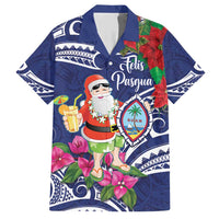 Guam Christmas Family Matching Short Sleeve Bodycon Dress and Hawaiian Shirt Poinsettia With Bougainvillea - Felis Pasgua! LT14 Dad's Shirt - Short Sleeve Blue - Polynesian Pride