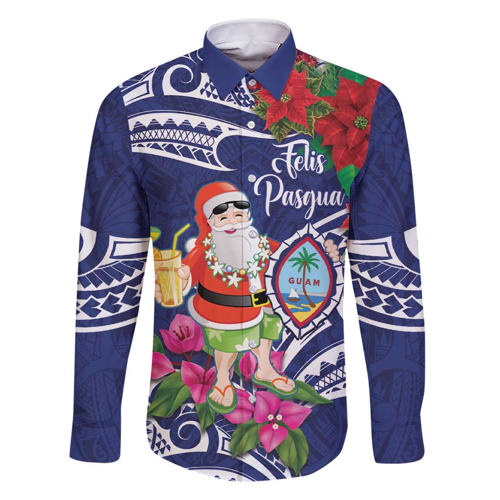 Guam Christmas Family Matching Short Sleeve Bodycon Dress and Hawaiian Shirt Poinsettia With Bougainvillea - Felis Pasgua! LT14 Dad's Shirt - Long Sleeve Blue - Polynesian Pride