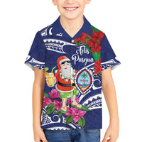 Guam Christmas Family Matching Short Sleeve Bodycon Dress and Hawaiian Shirt Poinsettia With Bougainvillea - Felis Pasgua! LT14 Son's Shirt Blue - Polynesian Pride