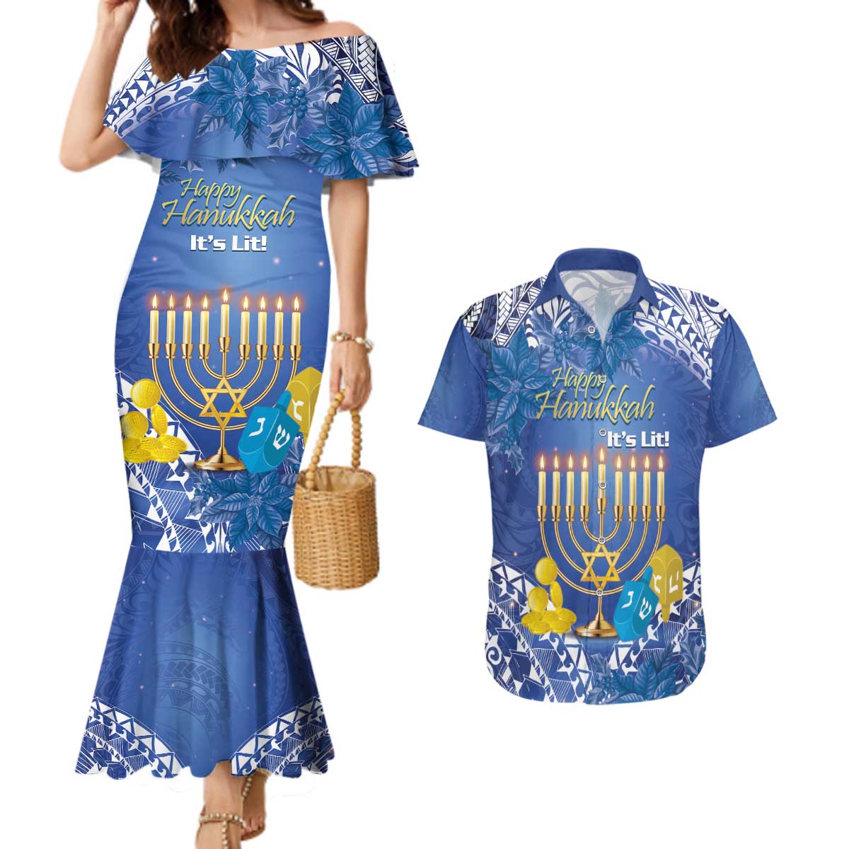 Personalised Hanukkah Jewish Festival Couples Matching Mermaid Dress and Hawaiian Shirt It's Lit - Polynesian Pattern