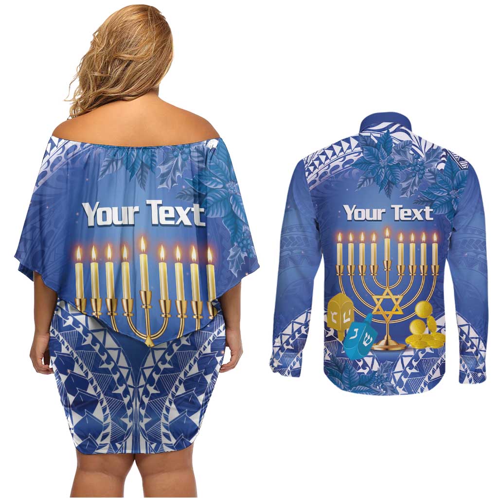 Personalised Hanukkah Jewish Festival Couples Matching Off Shoulder Short Dress and Long Sleeve Button Shirt It's Lit - Polynesian Pattern