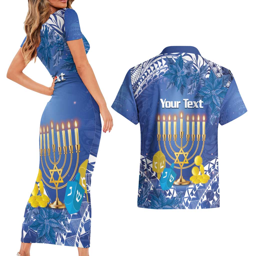 Personalised Hanukkah Jewish Festival Couples Matching Short Sleeve Bodycon Dress and Hawaiian Shirt It's Lit - Polynesian Pattern