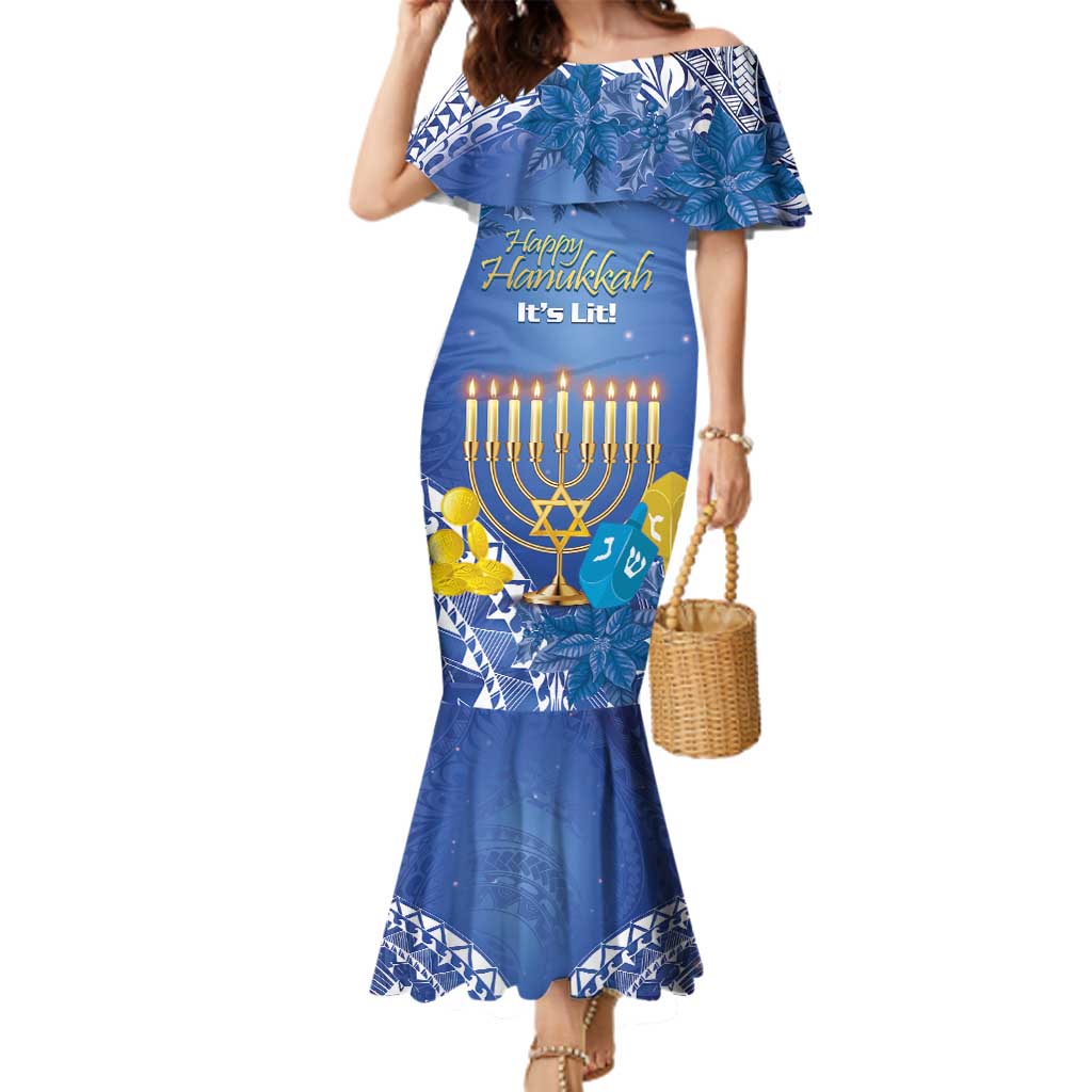 Personalised Hanukkah Jewish Festival Family Matching Mermaid Dress and Hawaiian Shirt It's Lit - Polynesian Pattern