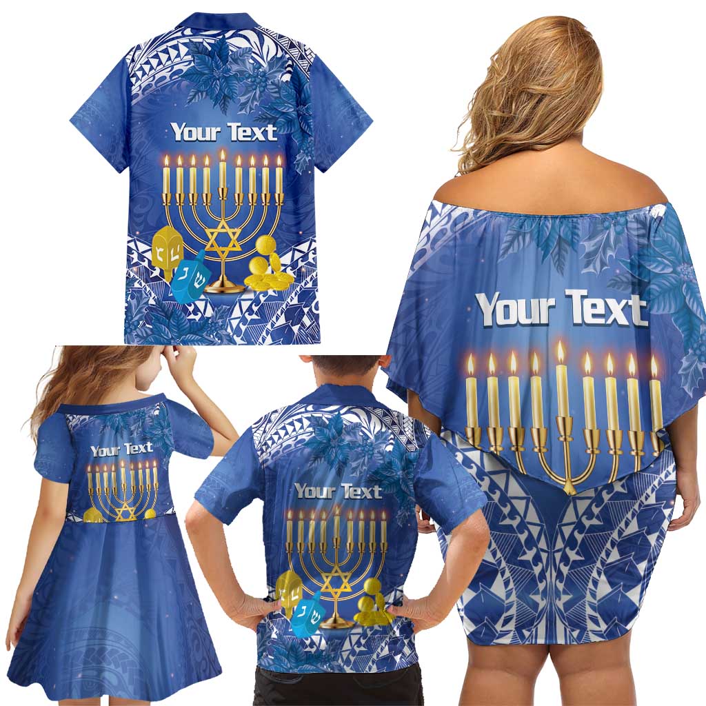 Personalised Hanukkah Jewish Festival Family Matching Off Shoulder Short Dress and Hawaiian Shirt It's Lit - Polynesian Pattern