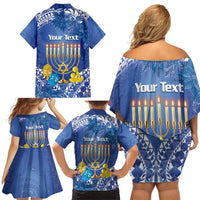 Personalised Hanukkah Jewish Festival Family Matching Off Shoulder Short Dress and Hawaiian Shirt It's Lit - Polynesian Pattern