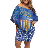 Personalised Hanukkah Jewish Festival Family Matching Off Shoulder Short Dress and Hawaiian Shirt It's Lit - Polynesian Pattern