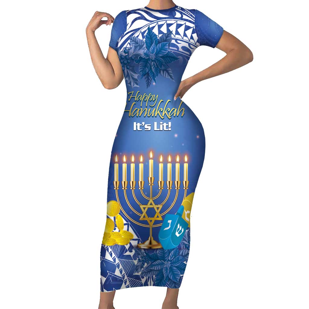 Personalised Hanukkah Jewish Festival Family Matching Short Sleeve Bodycon Dress and Hawaiian Shirt It's Lit - Polynesian Pattern