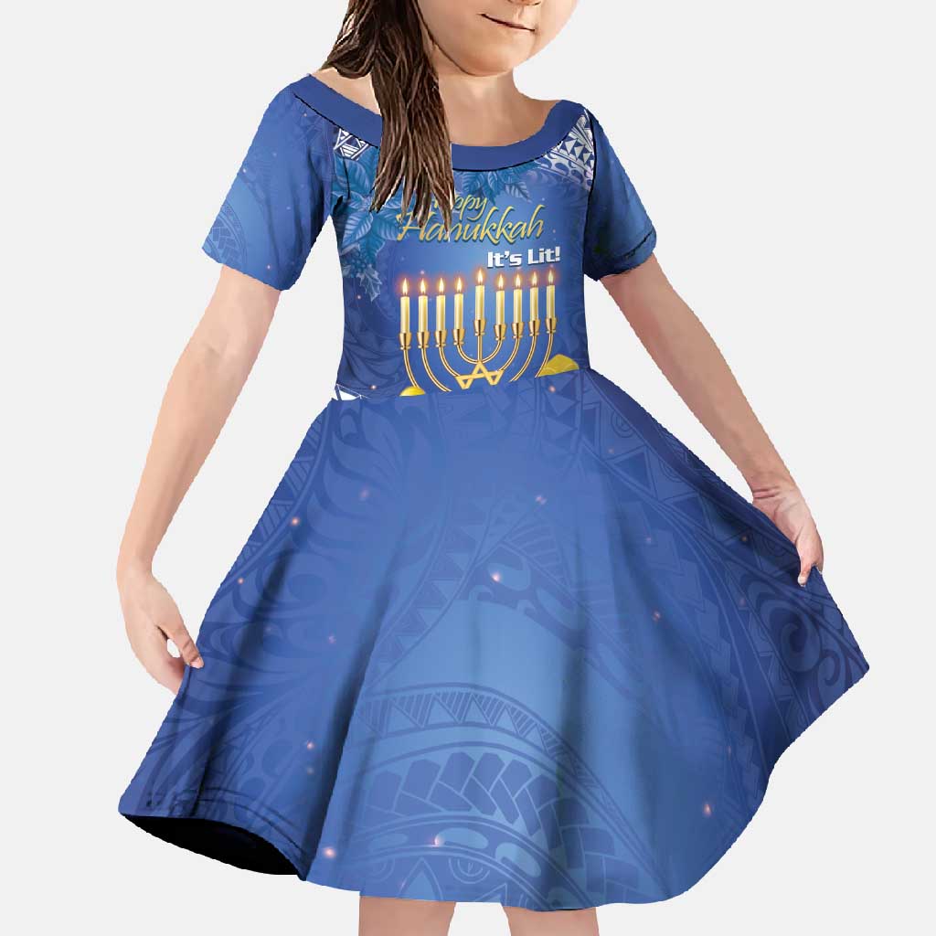 Personalised Hanukkah Jewish Festival Family Matching Summer Maxi Dress and Hawaiian Shirt It's Lit - Polynesian Pattern LT14 Daughter's Dress Blue - Polynesian Pride