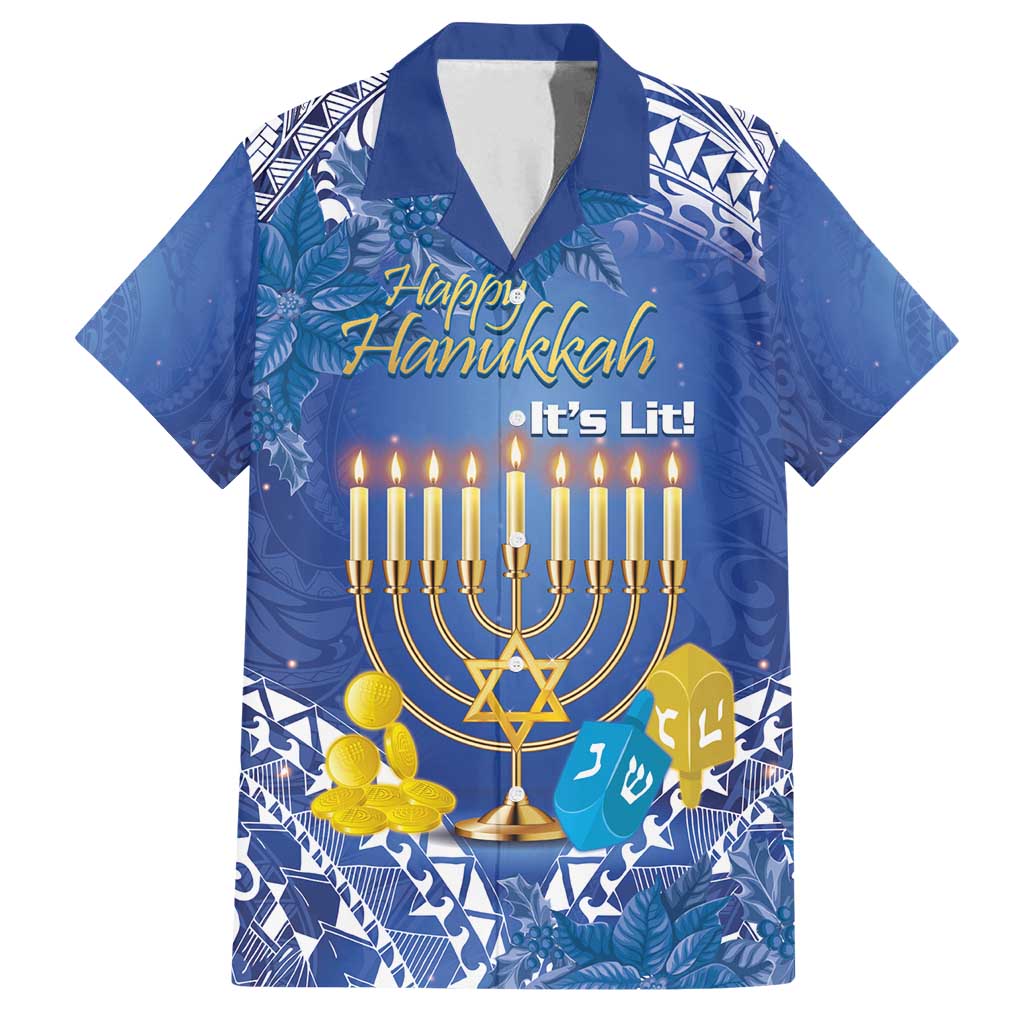 Personalised Hanukkah Jewish Festival Family Matching Summer Maxi Dress and Hawaiian Shirt It's Lit - Polynesian Pattern LT14 Dad's Shirt - Short Sleeve Blue - Polynesian Pride