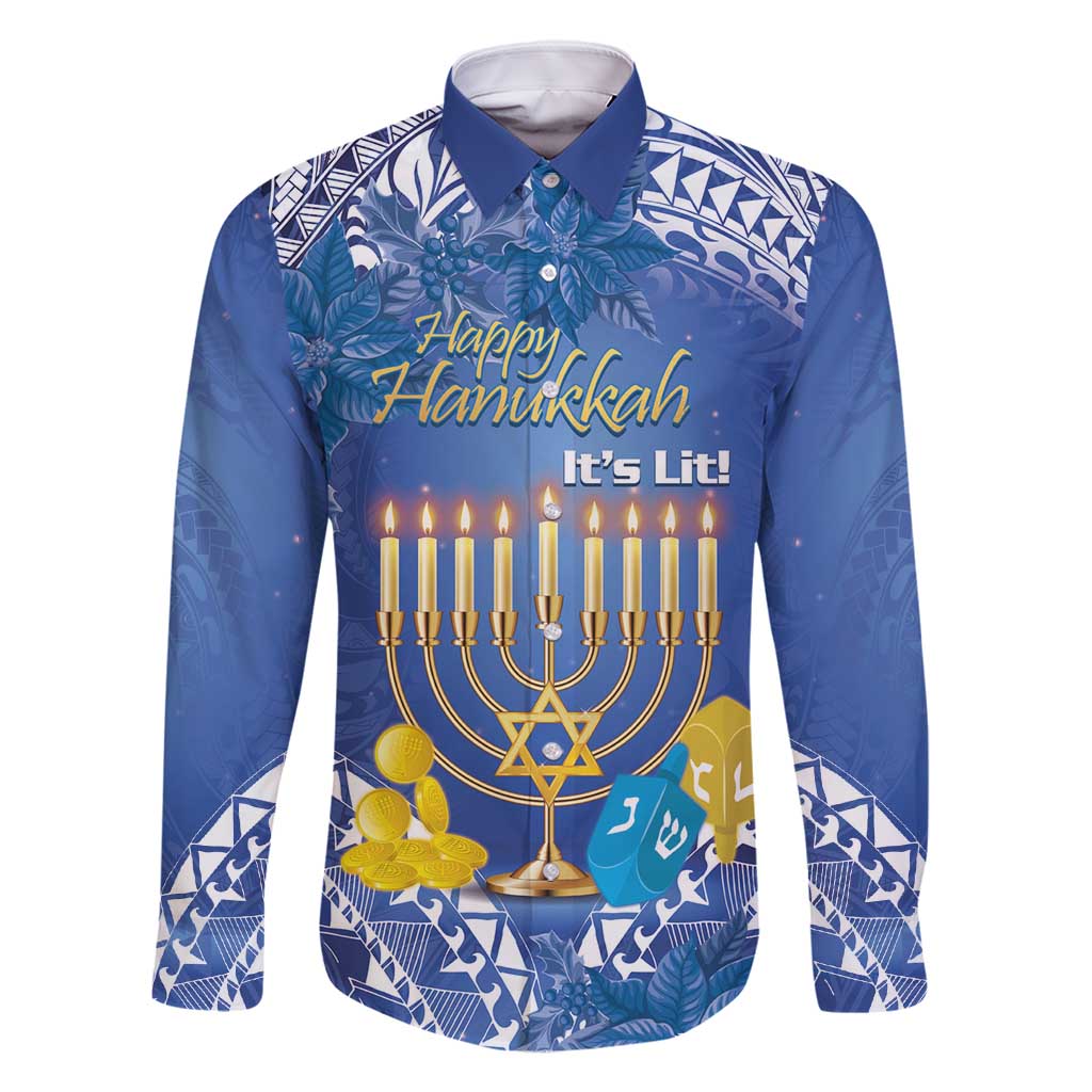 Personalised Hanukkah Jewish Festival Family Matching Summer Maxi Dress and Hawaiian Shirt It's Lit - Polynesian Pattern LT14 Dad's Shirt - Long Sleeve Blue - Polynesian Pride