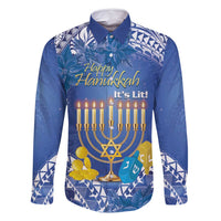 Personalised Hanukkah Jewish Festival Family Matching Summer Maxi Dress and Hawaiian Shirt It's Lit - Polynesian Pattern LT14 Dad's Shirt - Long Sleeve Blue - Polynesian Pride
