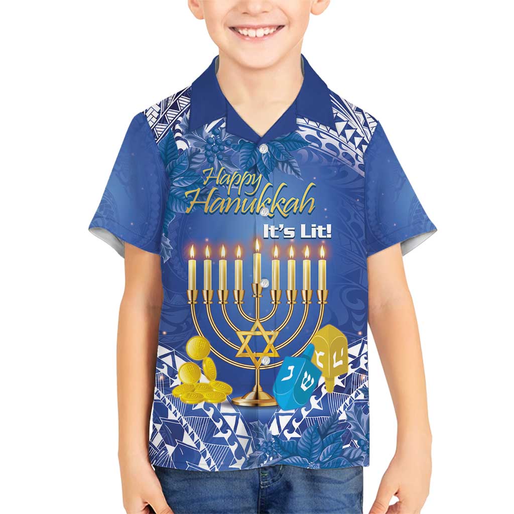 Personalised Hanukkah Jewish Festival Family Matching Summer Maxi Dress and Hawaiian Shirt It's Lit - Polynesian Pattern LT14 Son's Shirt Blue - Polynesian Pride