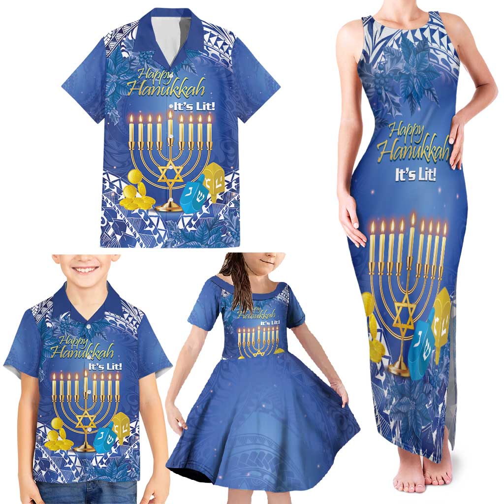 Personalised Hanukkah Jewish Festival Family Matching Tank Maxi Dress and Hawaiian Shirt It's Lit - Polynesian Pattern