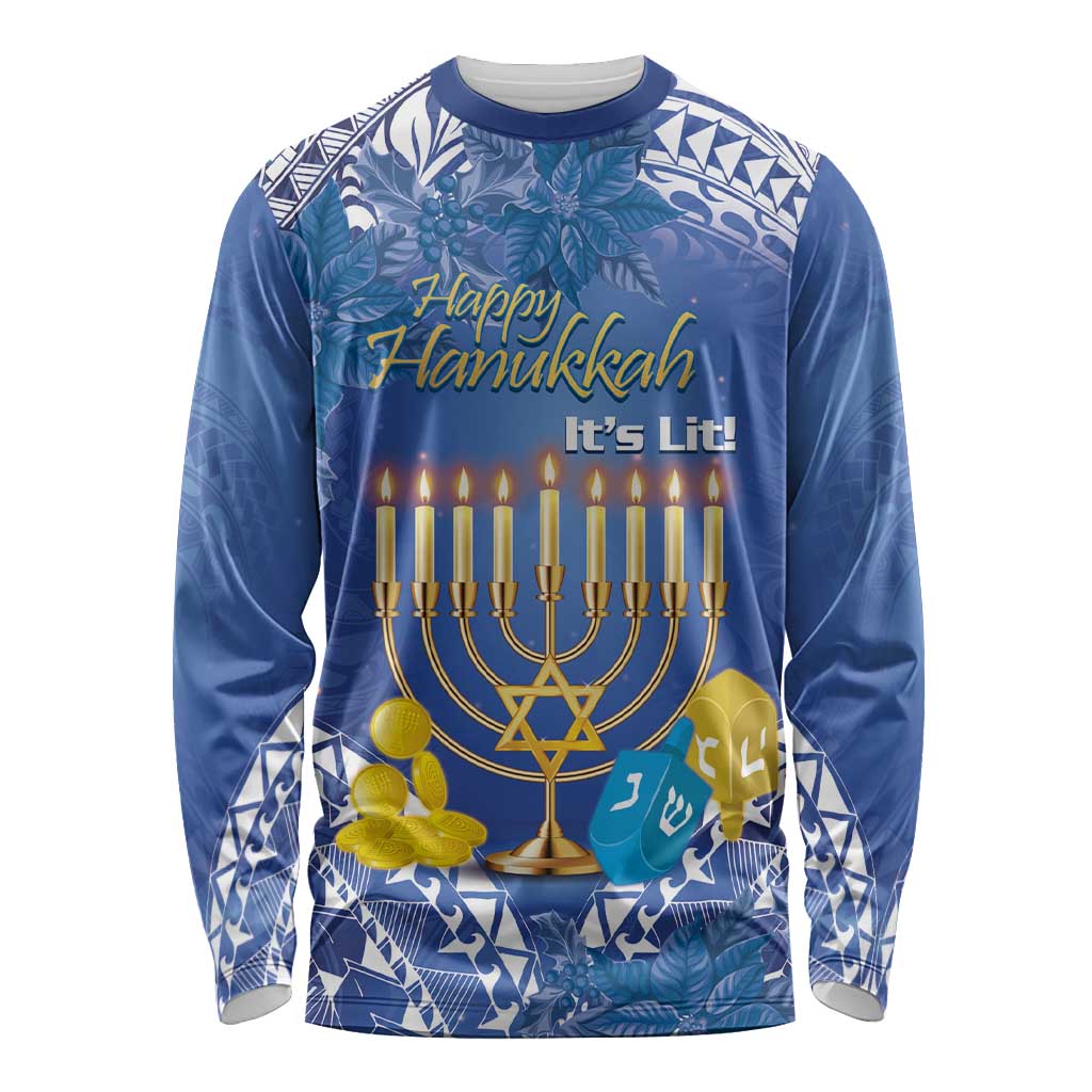 Personalised Hanukkah Jewish Festival Long Sleeve Shirt It's Lit - Polynesian Pattern