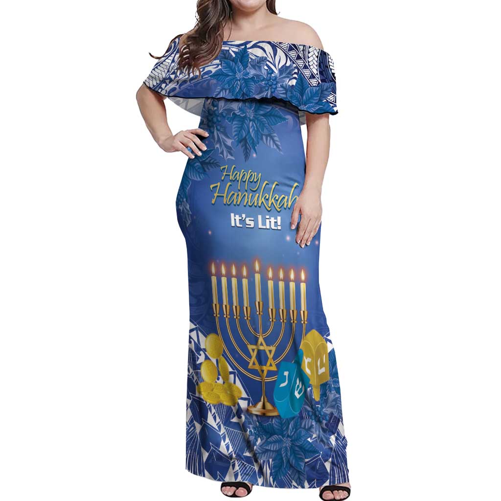 Personalised Hanukkah Jewish Festival Off Shoulder Maxi Dress It's Lit - Polynesian Pattern