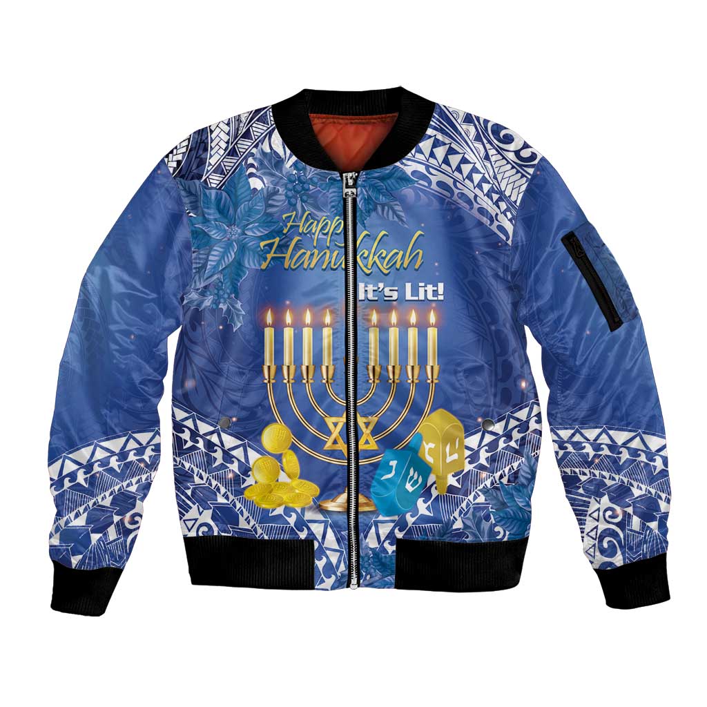 Personalised Hanukkah Jewish Festival Sleeve Zip Bomber Jacket It's Lit - Polynesian Pattern