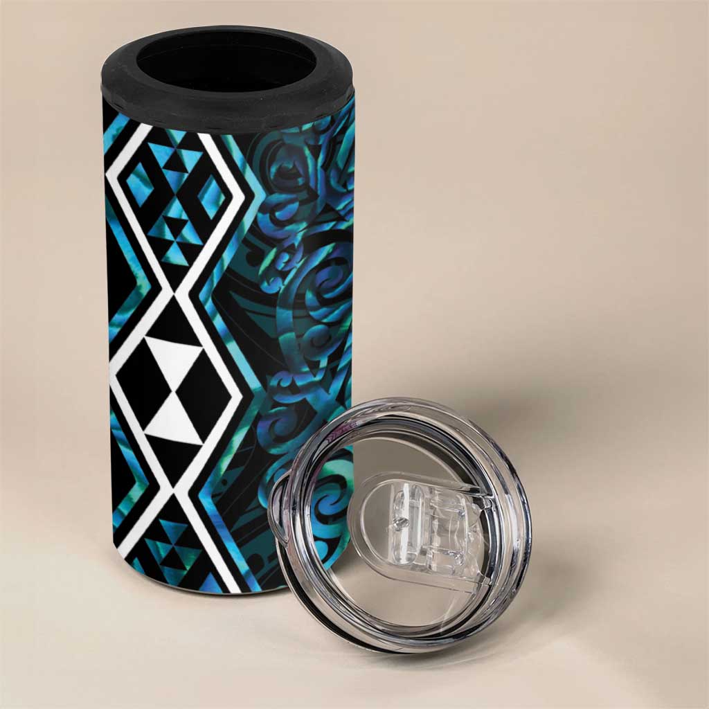 Turquoise Aotearoa 4 in 1 Can Cooler Tumbler Taniko Motifs With Paua Shell Kowhaiwhai