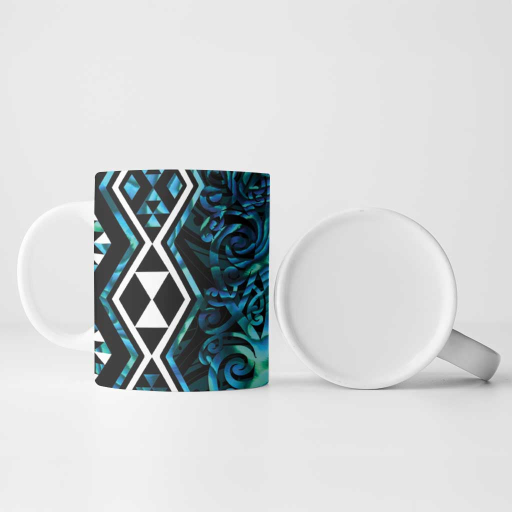Turquoise Aotearoa Ceramic Mug Taniko Motifs With Paua Shell Kowhaiwhai - Polynesian Pride