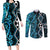 Turquoise Aotearoa Couples Matching Long Sleeve Bodycon Dress and Long Sleeve Button Shirt Taniko Motifs With Paua Shell Kowhaiwhai