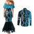 Turquoise Aotearoa Couples Matching Mermaid Dress and Long Sleeve Button Shirt Taniko Motifs With Paua Shell Kowhaiwhai