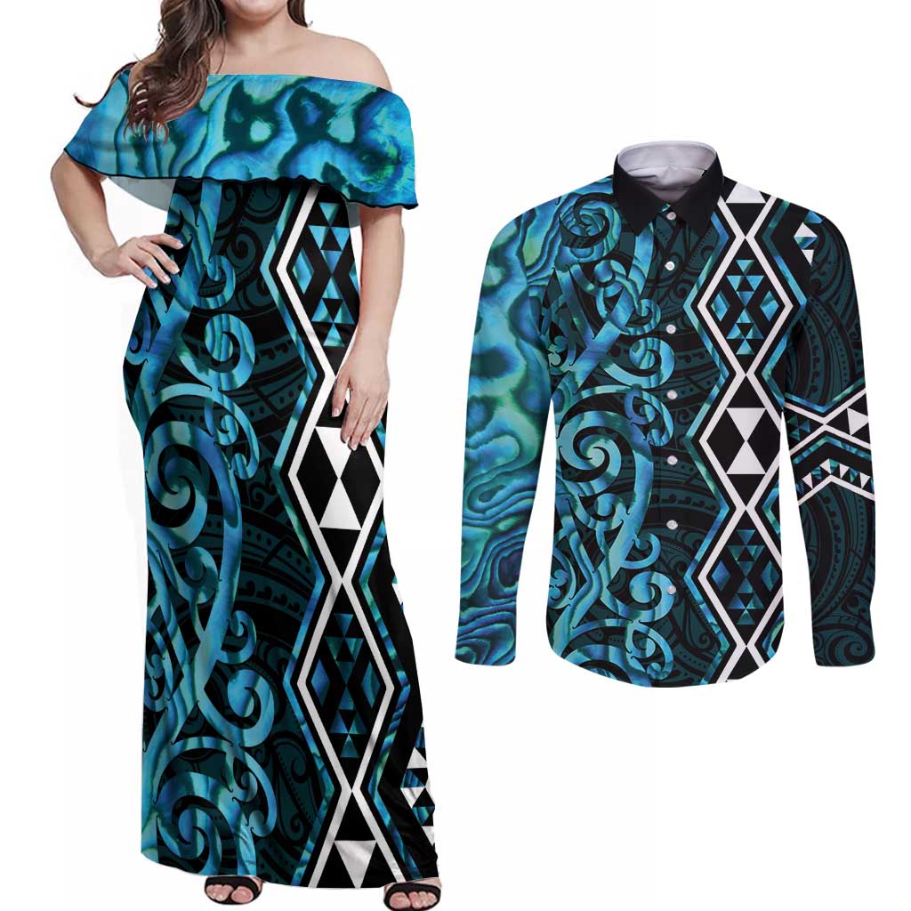 Turquoise Aotearoa Couples Matching Off Shoulder Maxi Dress and Long Sleeve Button Shirt Taniko Motifs With Paua Shell Kowhaiwhai