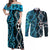 Turquoise Aotearoa Couples Matching Off Shoulder Maxi Dress and Long Sleeve Button Shirt Taniko Motifs With Paua Shell Kowhaiwhai
