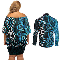 Turquoise Aotearoa Couples Matching Off Shoulder Short Dress and Long Sleeve Button Shirt Taniko Motifs With Paua Shell Kowhaiwhai