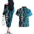 Turquoise Aotearoa Couples Matching Off The Shoulder Long Sleeve Dress and Hawaiian Shirt Taniko Motifs With Paua Shell Kowhaiwhai