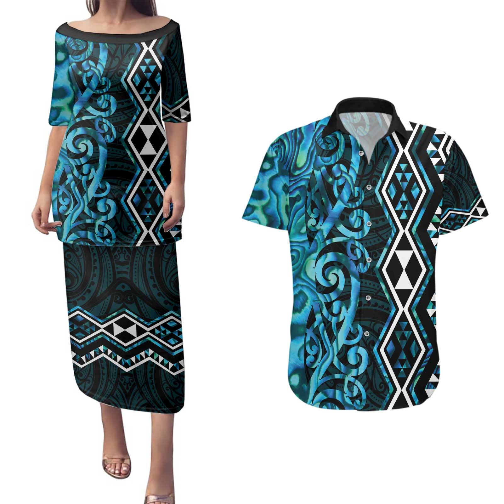 Turquoise Aotearoa Couples Matching Puletasi and Hawaiian Shirt Taniko Motifs With Paua Shell Kowhaiwhai