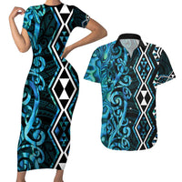 Turquoise Aotearoa Couples Matching Short Sleeve Bodycon Dress and Hawaiian Shirt Taniko Motifs With Paua Shell Kowhaiwhai