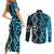Turquoise Aotearoa Couples Matching Short Sleeve Bodycon Dress and Long Sleeve Button Shirt Taniko Motifs With Paua Shell Kowhaiwhai