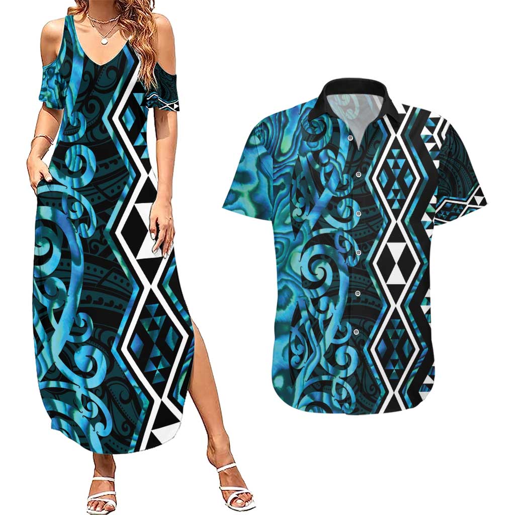 Turquoise Aotearoa Couples Matching Summer Maxi Dress and Hawaiian Shirt Taniko Motifs With Paua Shell Kowhaiwhai
