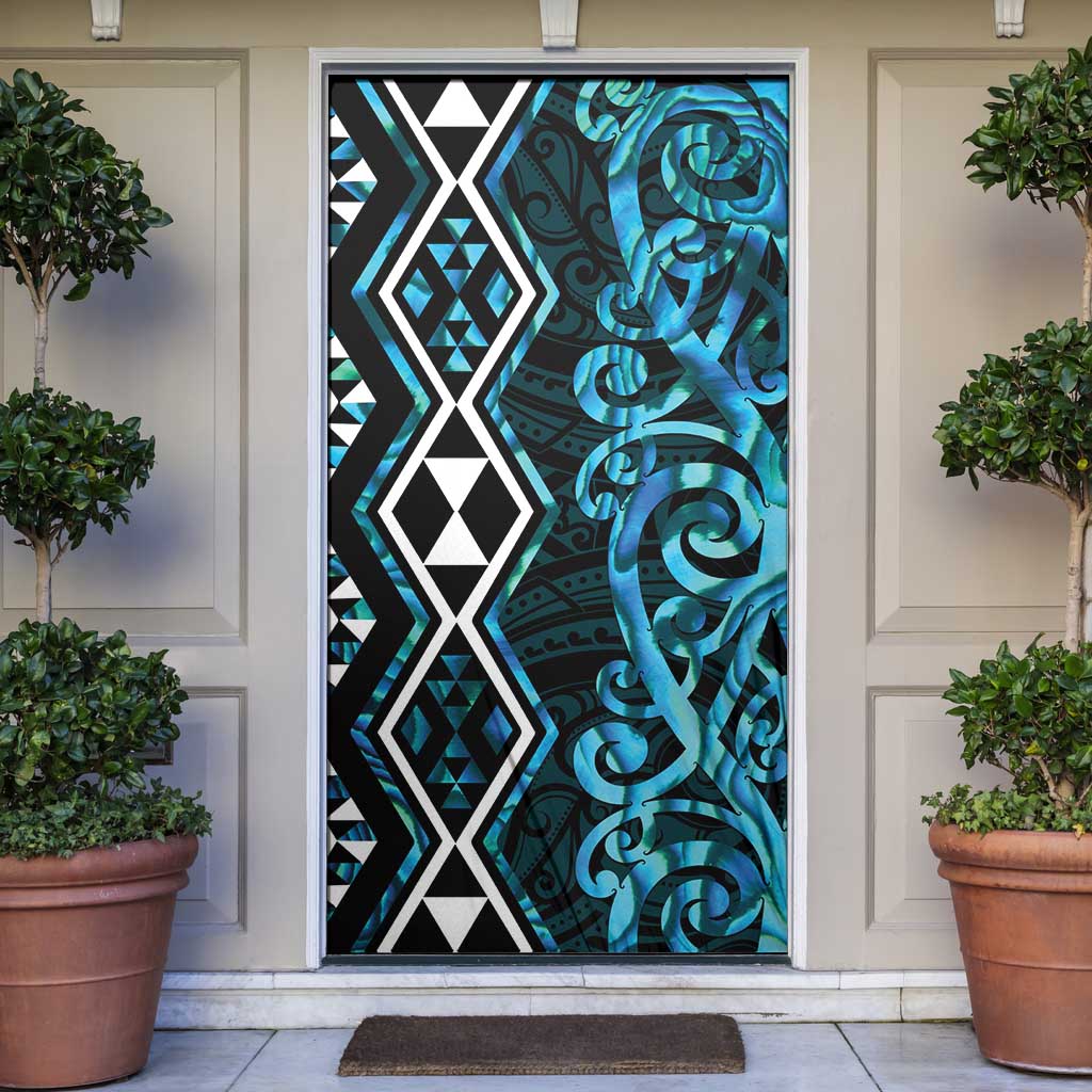 Turquoise Aotearoa Door Cover Taniko Motifs With Paua Shell Kowhaiwhai - Polynesian Pride