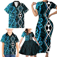 Turquoise Aotearoa Family Matching Short Sleeve Bodycon Dress and Hawaiian Shirt Taniko Motifs With Paua Shell Kowhaiwhai