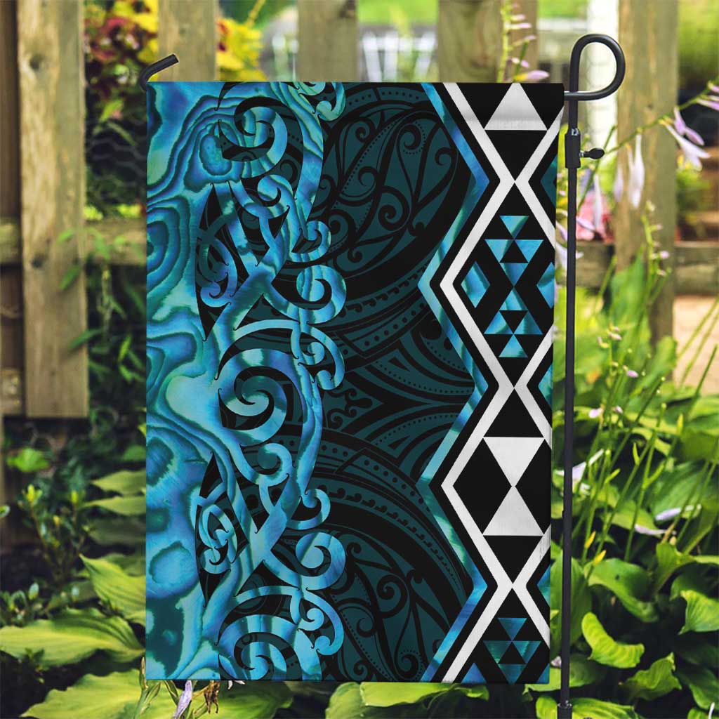 Turquoise Aotearoa Garden Flag Taniko Motifs With Paua Shell Kowhaiwhai