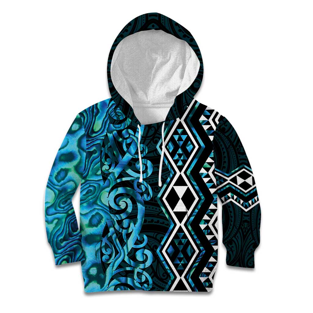 Turquoise Aotearoa Kid Hoodie Taniko Motifs With Paua Shell Kowhaiwhai