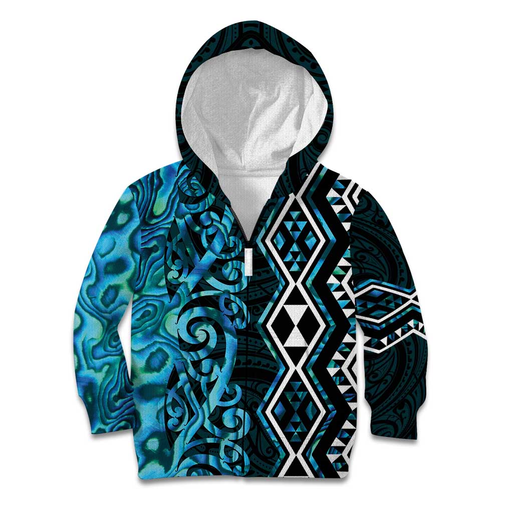 Turquoise Aotearoa Kid Hoodie Taniko Motifs With Paua Shell Kowhaiwhai