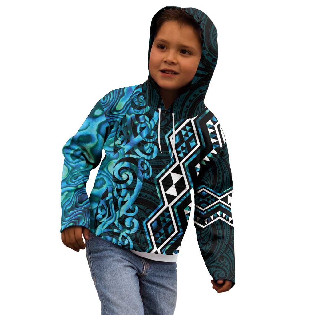 Turquoise Aotearoa Kid Hoodie Taniko Motifs With Paua Shell Kowhaiwhai