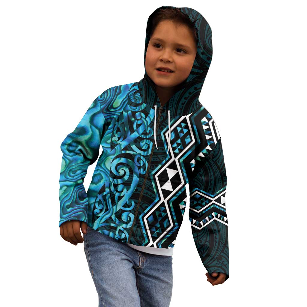 Turquoise Aotearoa Kid Hoodie Taniko Motifs With Paua Shell Kowhaiwhai