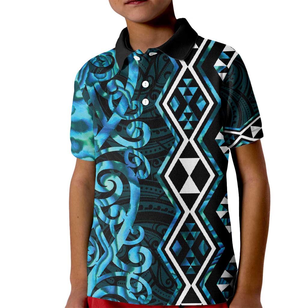 Turquoise Aotearoa Kid Polo Shirt Taniko Motifs With Paua Shell Kowhaiwhai
