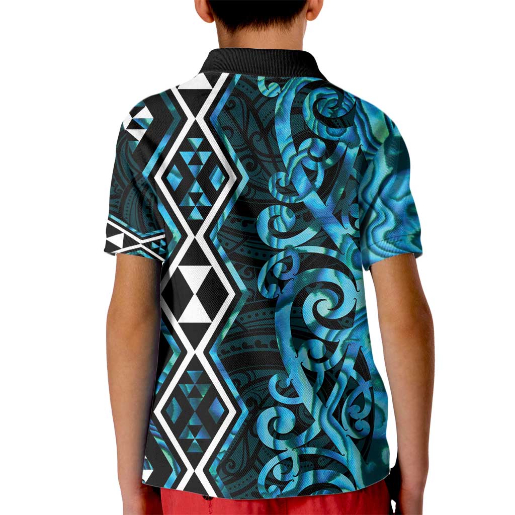 Turquoise Aotearoa Kid Polo Shirt Taniko Motifs With Paua Shell Kowhaiwhai