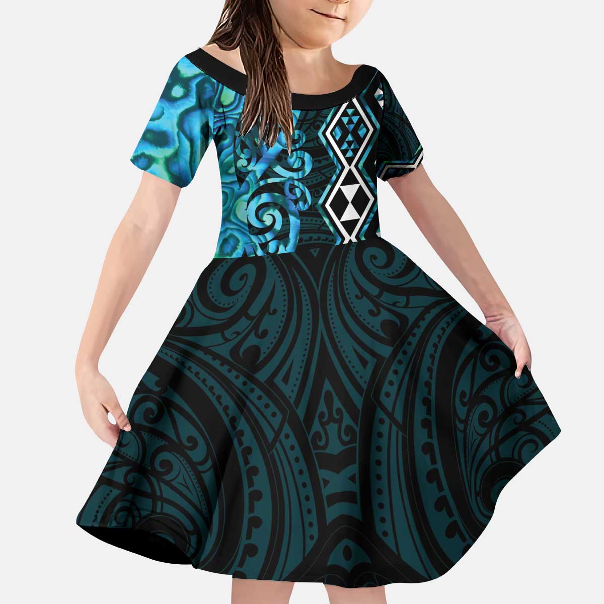 Turquoise Aotearoa Kid Short Sleeve Dress Taniko Motifs With Paua Shell Kowhaiwhai